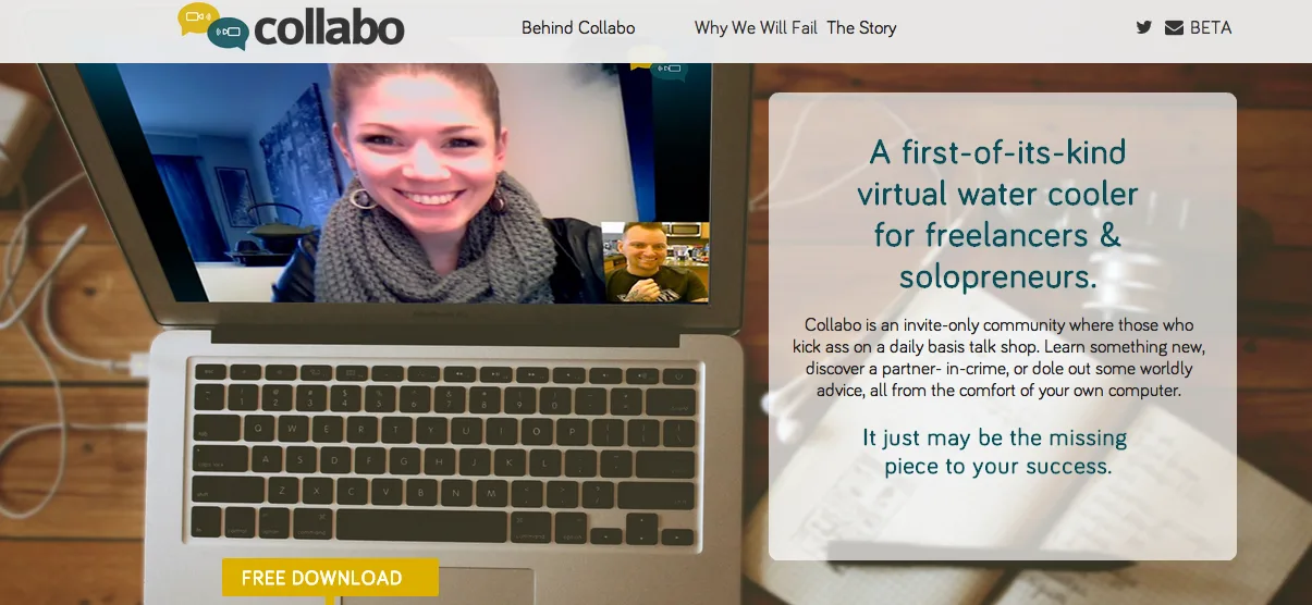 Collabo page with a photo of a woman on a laptop video call and 'A first-of-its-kind virtual water cooler'.