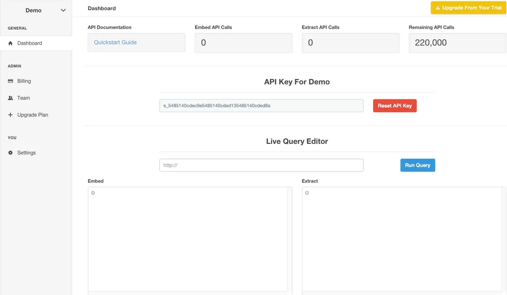 EmbedKit dashboard with API counters, an 'API Key For Demo' field and a 'Live Query Editor'.