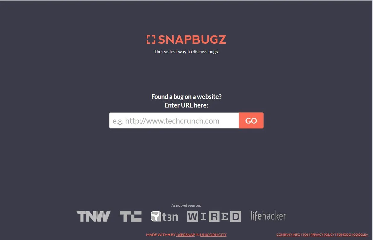 Landing page 'SNAPBUGZ' with a URL entry field and press logos.