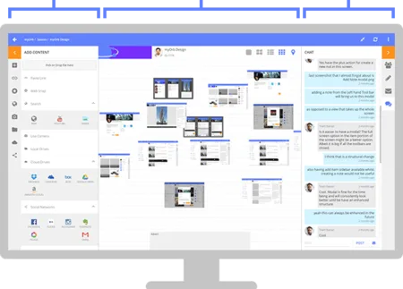 Monitor frame showing a web app with a chat panel and image grid, with bracket annotations above.