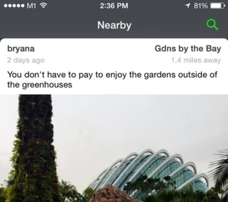 Mobile app screen titled "Nearby" showing a post with a photo of garden domes.