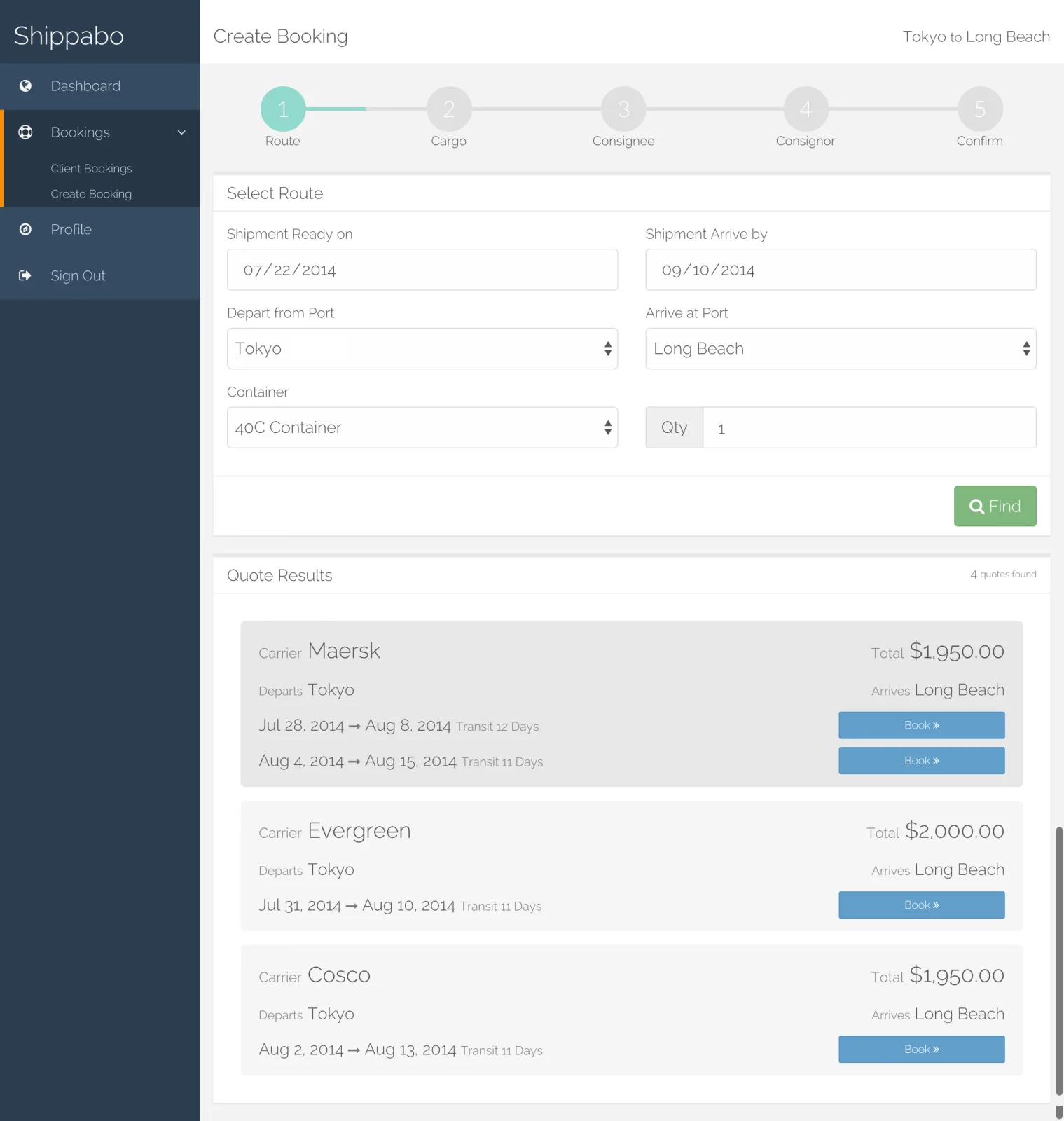 Shipping web app with a left navigation bar, shipment form fields and a list of quotes.