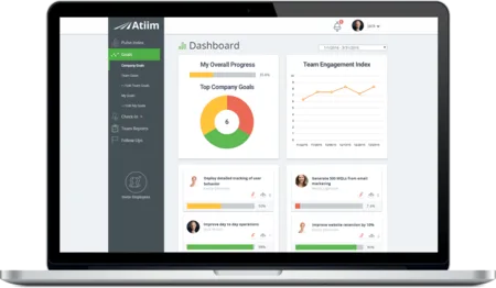 MacBook showing the Atiim dashboard with a donut chart and progress panels.