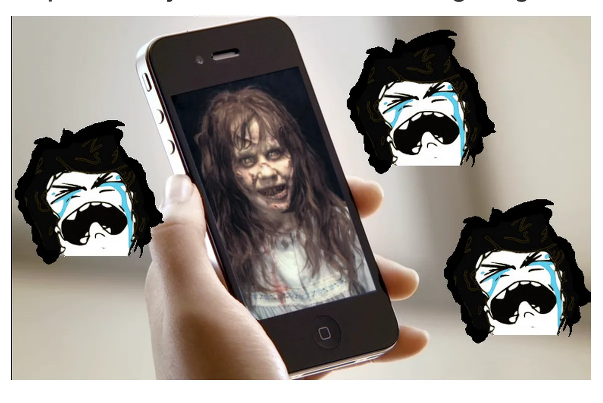 Hand holding a phone showing a horror face, surrounded by crying cartoon meme faces.