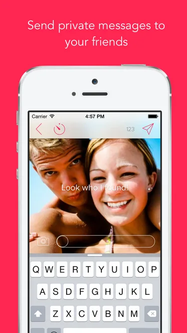 Pink panel 'Send private messages to your friends' above an iPhone showing a photo of a smiling couple.