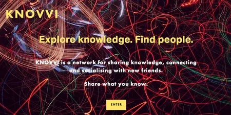 Landing page headlined "Explore knowledge. Find people." over a light trail background with an Enter button.