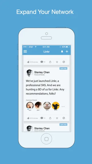 Blue promo graphic headed "Expand Your Network" with a phone showing a message feed.