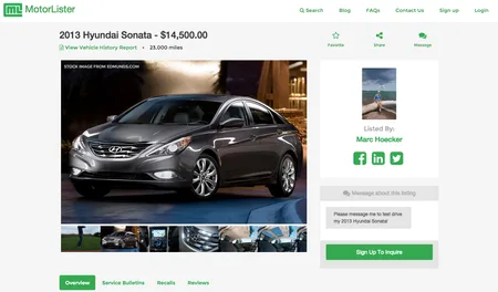 Car listing page for a 2013 Hyundai Sonata priced $14,500 with a photo gallery and seller panel.