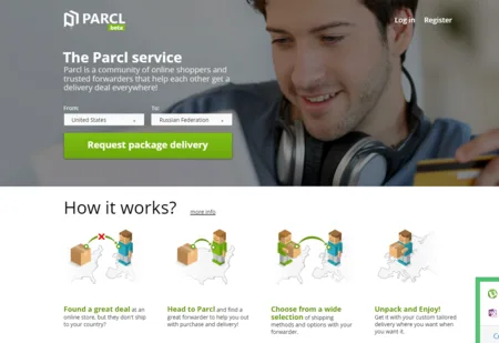 Landing page headed "The Parcl service" with a smiling man in headphones and How it works illustrations.