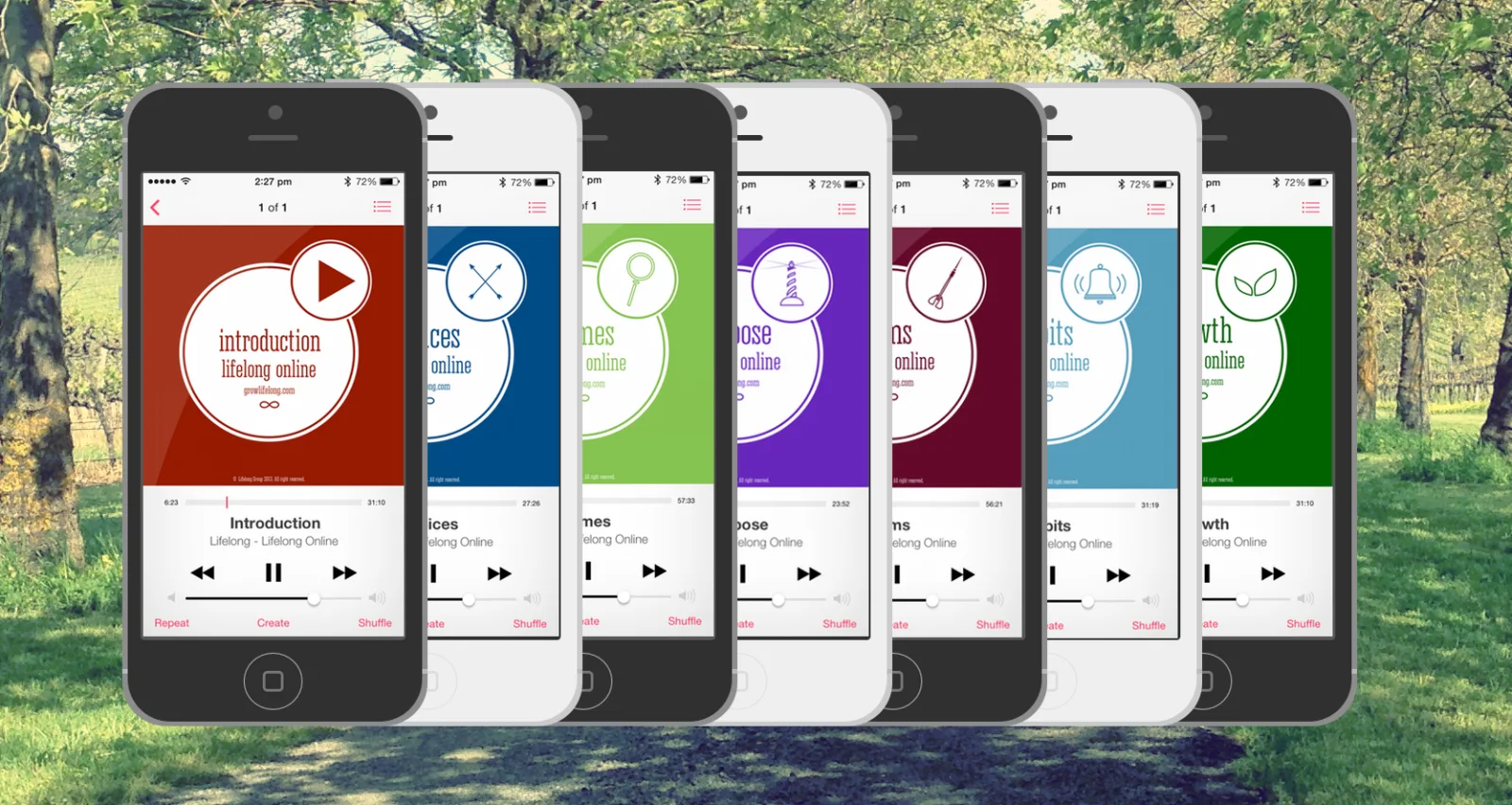 Seven phones in a row showing audio player screens for Lifelong Online lessons, over a tree-lined path.