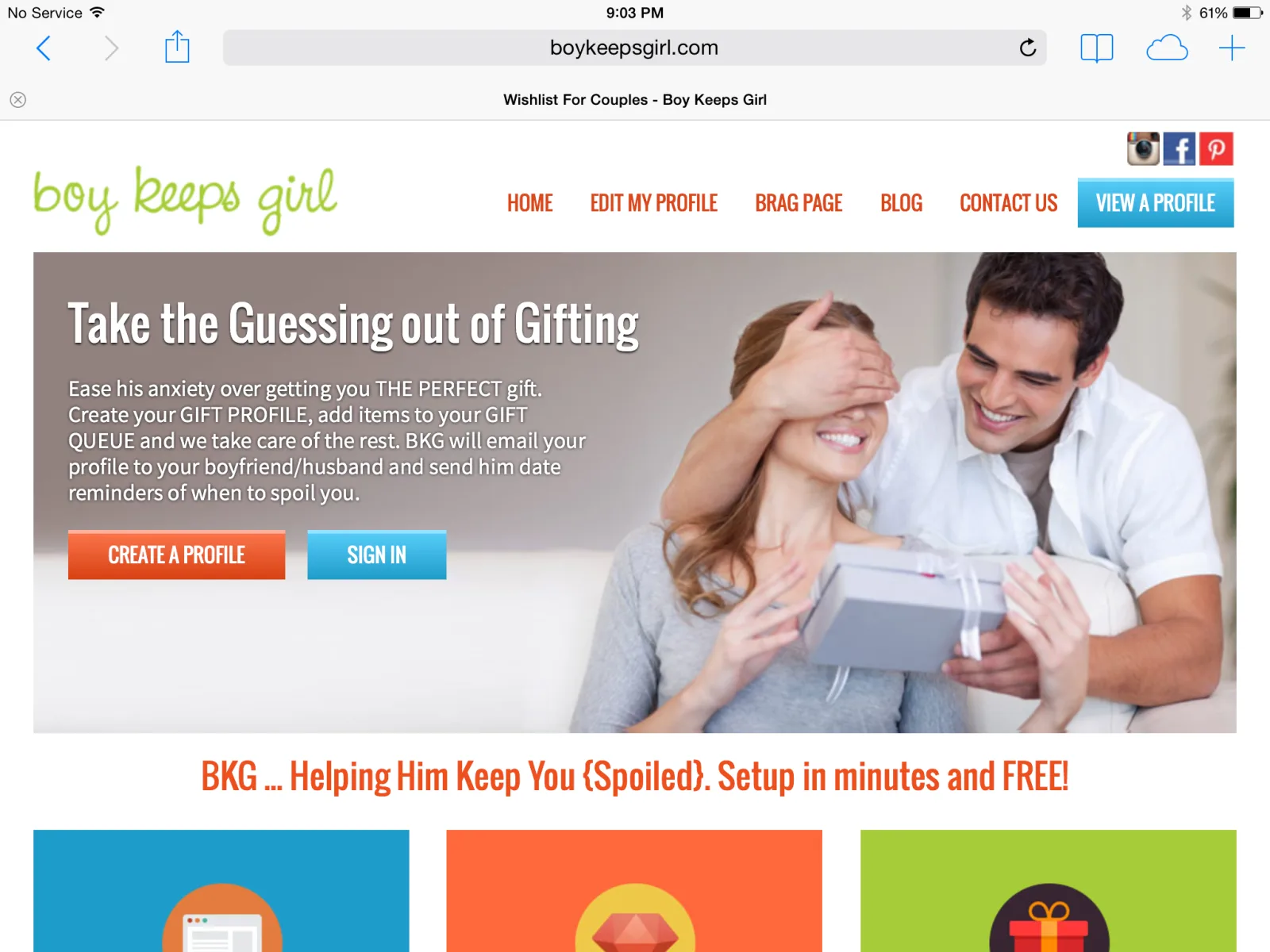 Boy keeps girl site 'Take the Guessing out of Gifting' with a photo of a man covering a woman's eyes.
