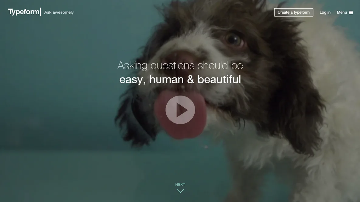 Homepage 'Asking questions should be easy, human & beautiful' with a dog photo and play button.