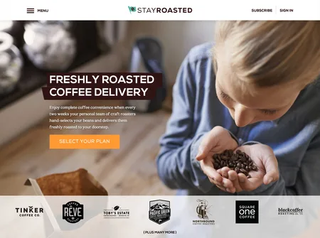 Homepage 'Freshly Roasted Coffee Delivery' with hands holding coffee beans and roaster logos.