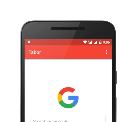 Android phone showing the Tabor app with a Google logo and search field.