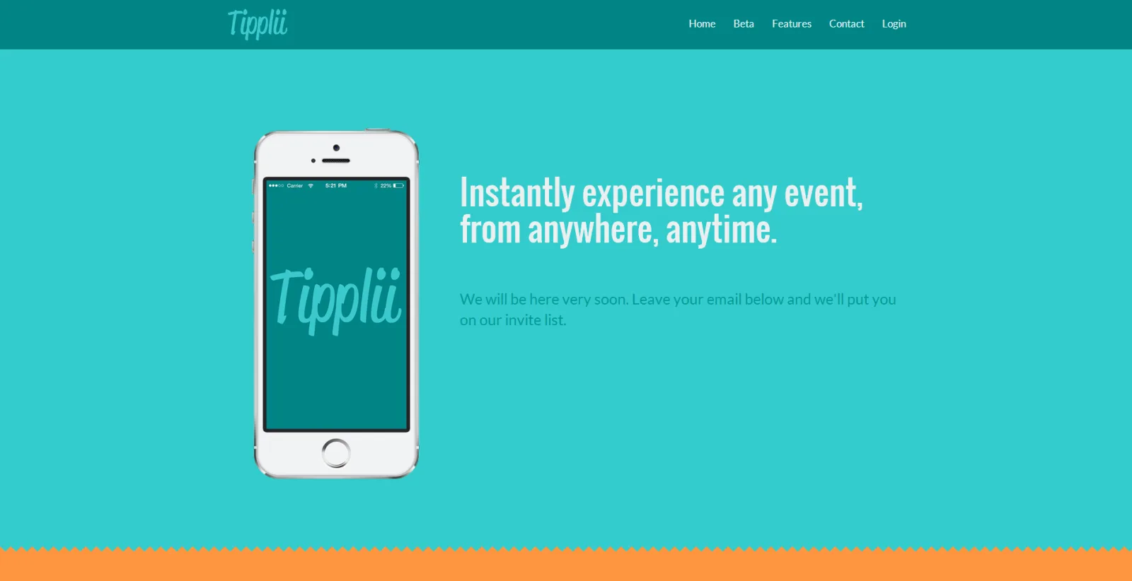 Teal homepage 'Instantly experience any event, from anywhere, anytime.' with a phone graphic.