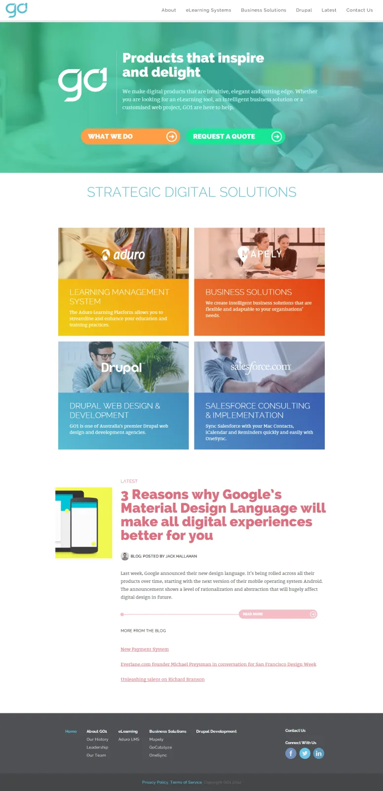 Tall GO1 page 'Products that inspire and delight' with work tiles and a blog post.