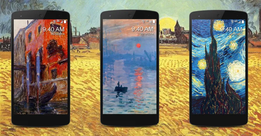 Three phones showing Van Gogh paintings as lock screens over a painted background.