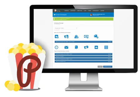 IMac showing a web app screen beside a popcorn bucket with a red P logo.