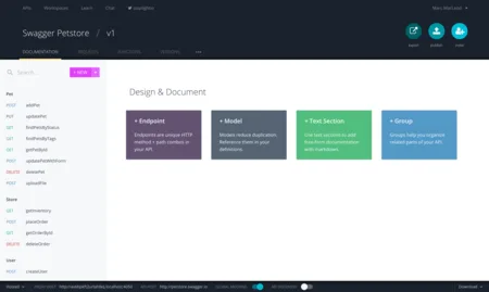 API documentation editor for 'Swagger Petstore / v1' with endpoint list and cards.
