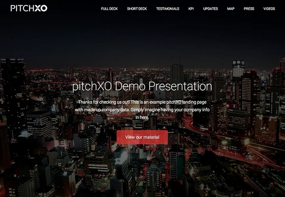 Dark landing page headed "pitchXO Demo Presentation" over a night city skyline.