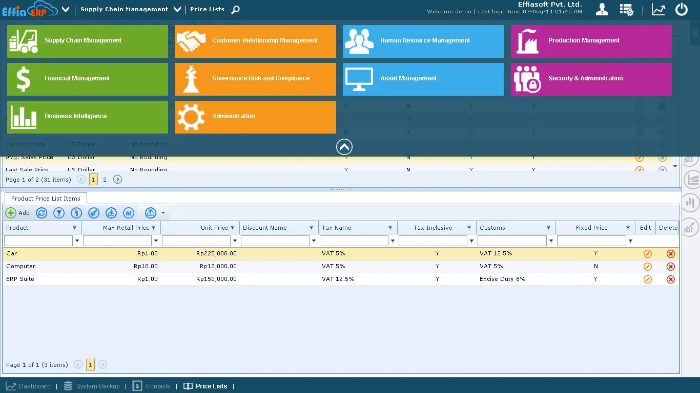 Business software with coloured module tiles above a data grid.