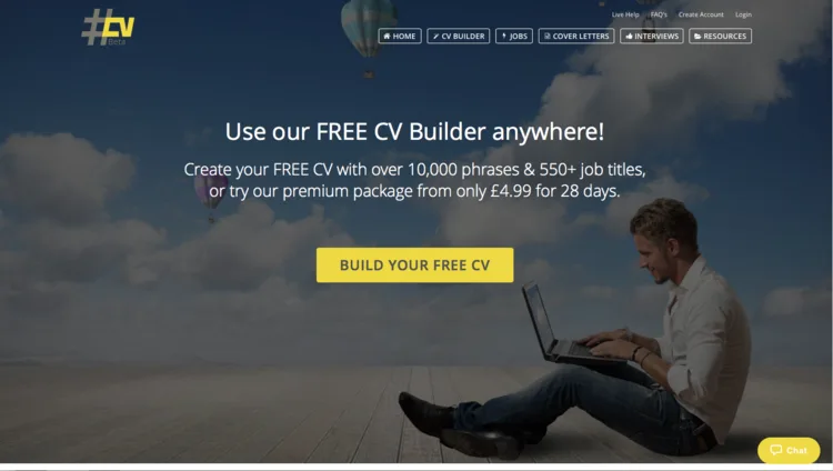 Landing page with a man using a laptop outdoors under the headline "Use our FREE CV Builder anywhere!".