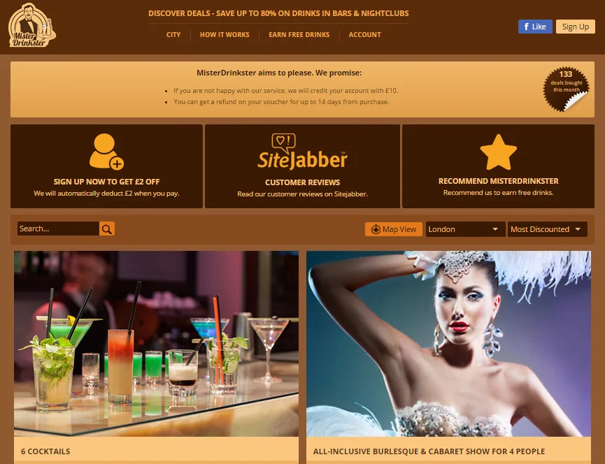 Nightlife deals page with a cocktail bar photo and a photo of a burlesque performer.