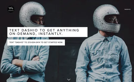 Two men in glitter motorcycle helmets with 'Text Dashio to get anything on-demand, instantly.'.