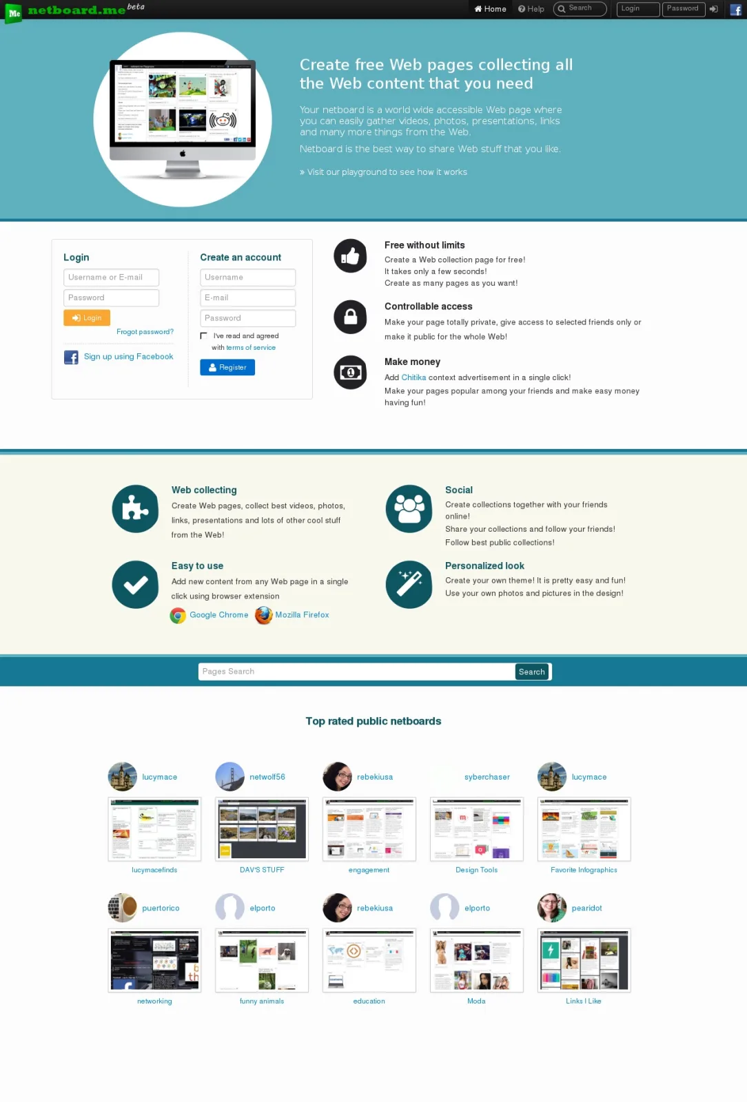 Tall full-page capture with a monitor mockup, feature icons and a grid of example boards.