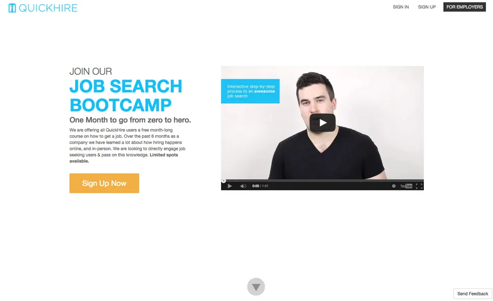 Landing page headed "JOIN OUR JOB SEARCH BOOTCAMP" with a video thumbnail of a man.