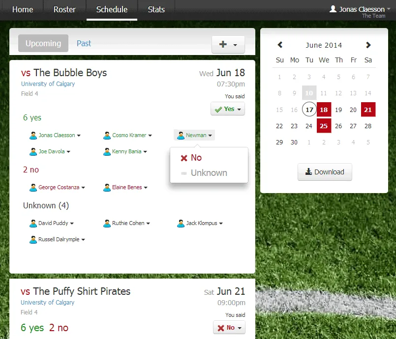 Team schedule showing upcoming games with RSVP counts and a June 2014 calendar.