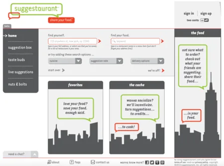 Hand-drawn style restaurant suggestion site with navigation, search fields and comic panels.