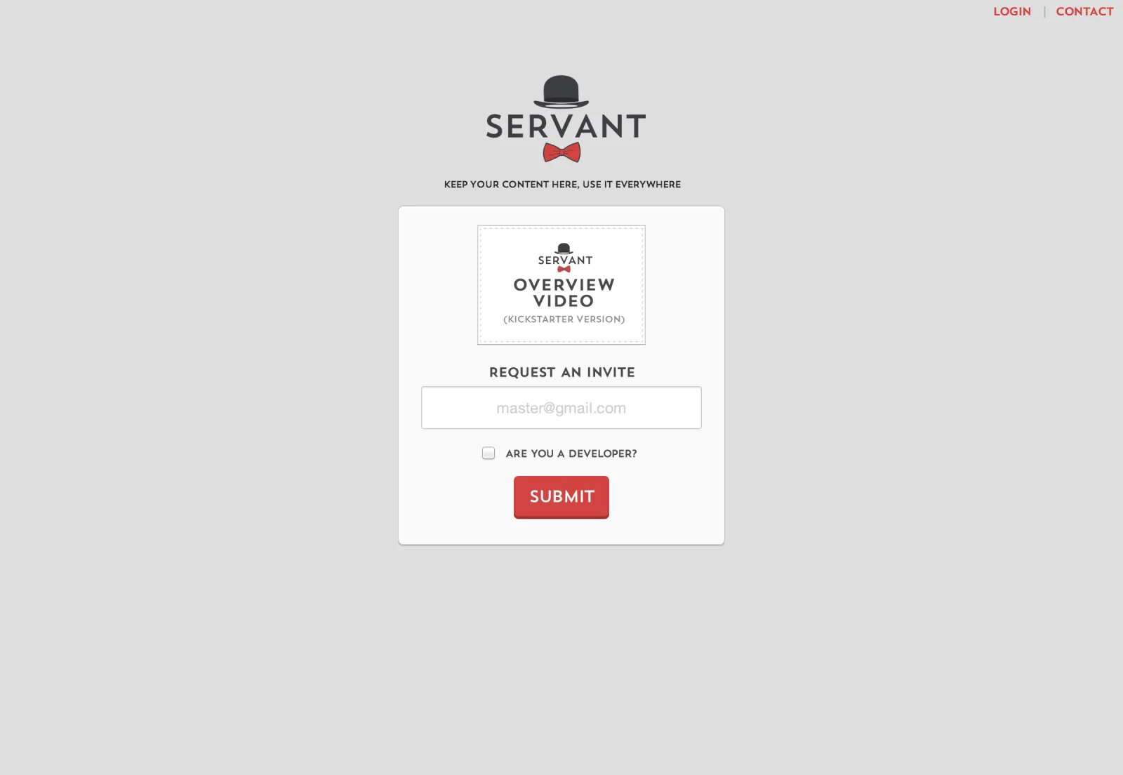 Minimal page with Servant logo, an overview video box and a 'Request an invite' form.