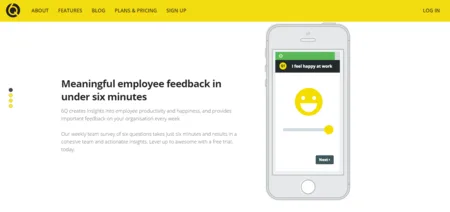 Yellow-header page 'Meaningful employee feedback in under six minutes' beside a phone showing a smiley rating.