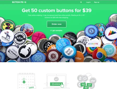Green header 'Get 50 custom buttons for $39' over a pile of printed pin buttons.