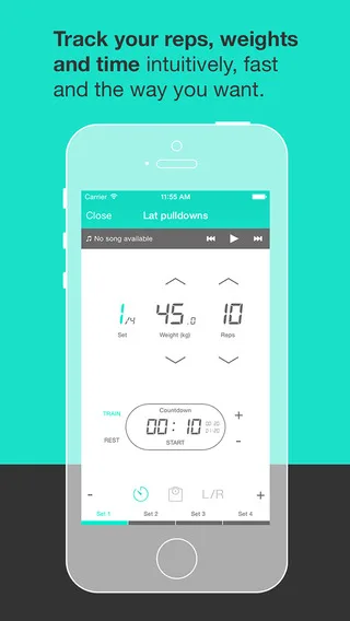 Phone showing a workout timer under 'Track your reps, weights and time'.