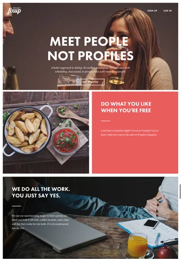 Narrow landing page headlined "MEET PEOPLE NOT PROFILES" with a woman at a bar, food and laptop photos.