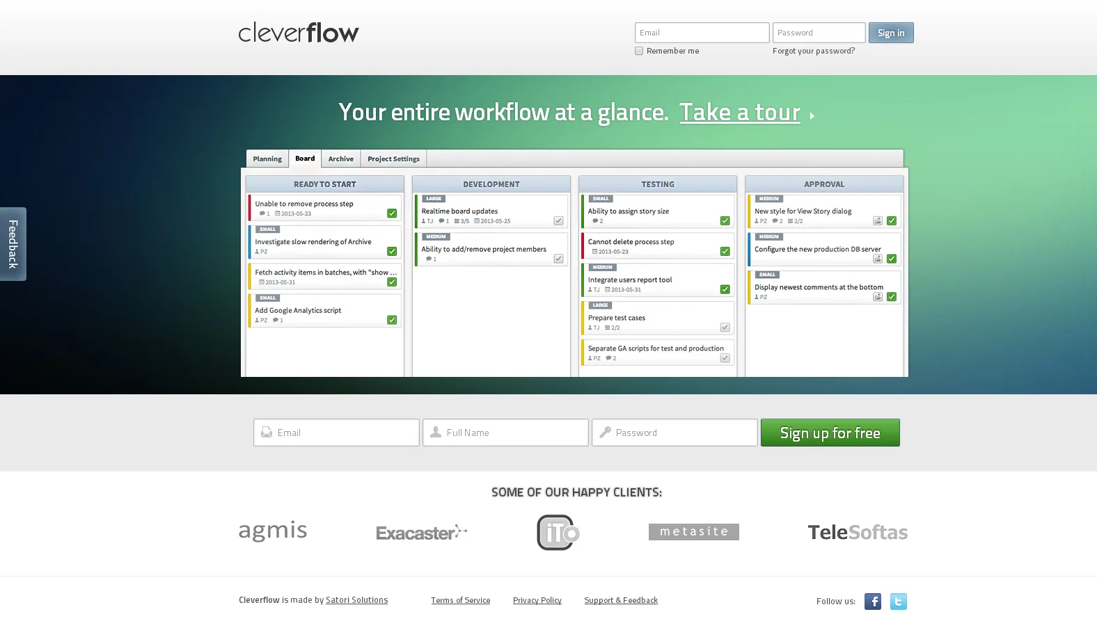 Cleverflow hero 'Your entire workflow at a glance' with a board screenshot and client logos.