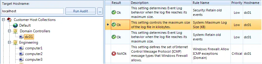 Windows audit tool with a host tree and a results table of security settings marked Ok or NotOk.