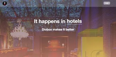 Diobox hero 'It happens in hotels, Diobox makes it better' over a dark hotel lobby photo.