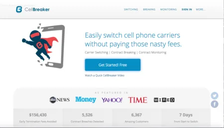 CellBreaker page 'Easily switch cell phone carriers without paying those nasty fees' with a superhero phone illustration.