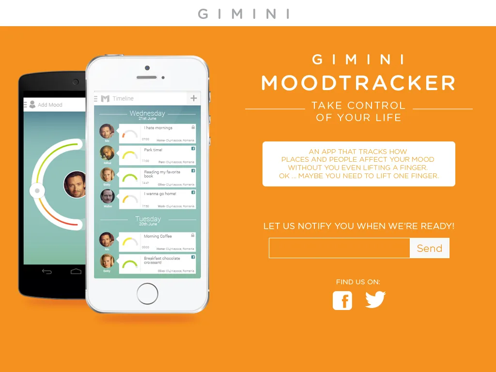 Orange Gimini Moodtracker page 'Take control of your life' with two phones and an email signup.