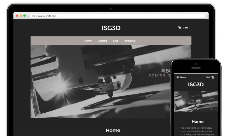 Laptop and phone showing the ISG3D website with a dark hero image.