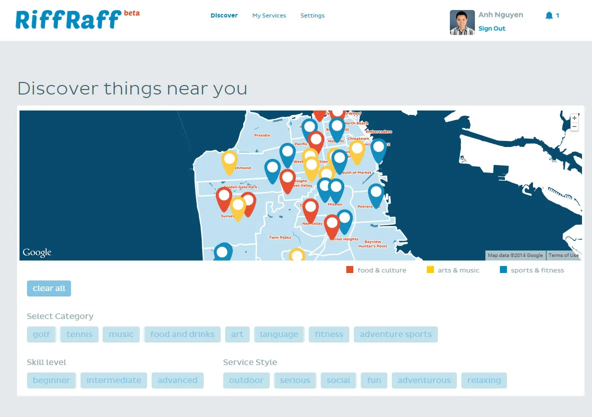 Web app 'Discover things near you' with a San Francisco map of colored pins and category filters.