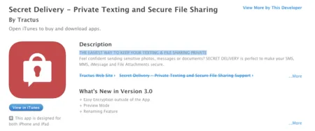 ITunes App Store listing for 'Secret Delivery - Private Texting and Secure File Sharing' with a red lock icon.