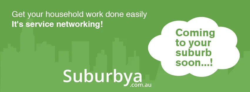 Green banner 'Get your household work done easily' with 'Coming to your suburb soon' and Suburbya logo.