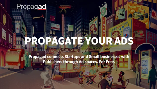 Landing page headlined "PROPAGATE YOUR ADS" over an illustrated street scene.