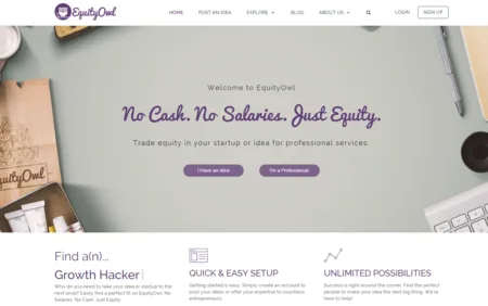 EquityOwl page 'No Cash. No Salaries. Just Equity.' over a desk flat lay.