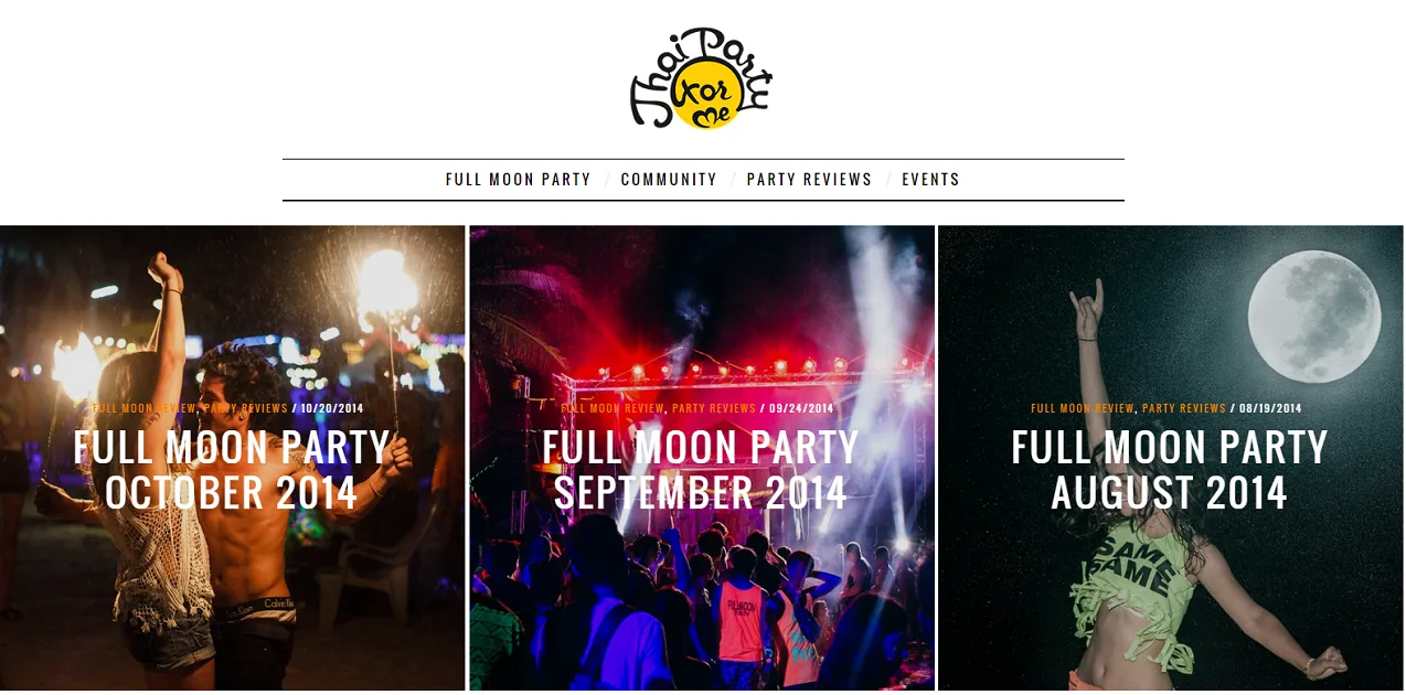 Party site with three photo tiles titled 'Full Moon Party' October, September and August 2014.