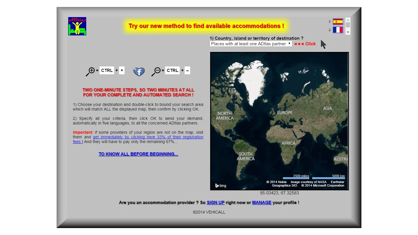 Accommodation search page with a satellite world map, a destination dropdown and red instruction text.
